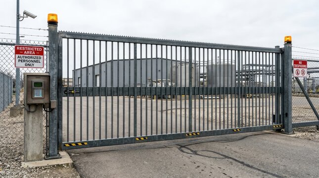 A gray, metal, sliding gate controls access to a large industrial complex. A security camera and keypad are mounted on the gate post.