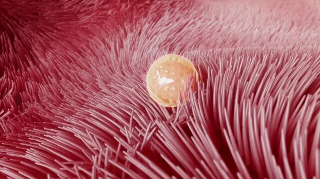 Fertilized egg (zygote) travels through the fallopian tube to the uterus and implants into the endometrium. 3D animation of early pregnancy.