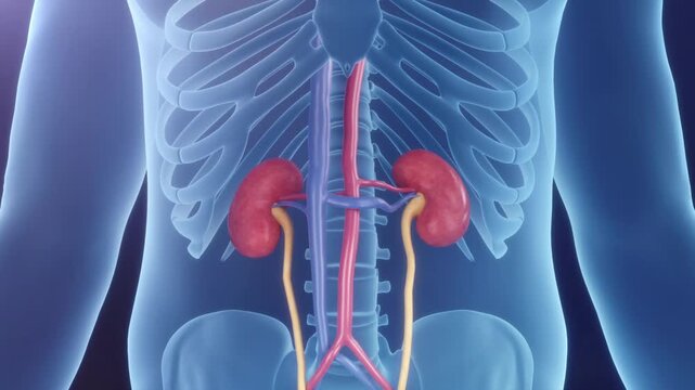 Holographic transparent human body with kidneys highlighted. Body rotates to show kidney location. Close-up of kidney surface. 3D medical animation.