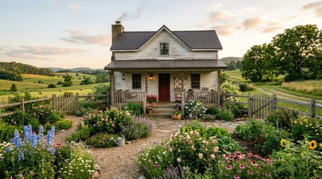 A charming, rustic cottage sits nestled in a picturesque countryside landscape.