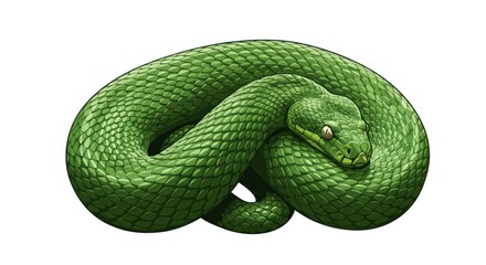 Obraz premium A green snake curled up coiled resting on white background