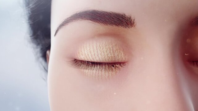 Close-up of a woman blinking and closing her eyes. Transparent view reveals upper and lower eyelid fat layers. Cosmetic surgery concept for blepharoplasty. 3D animation.