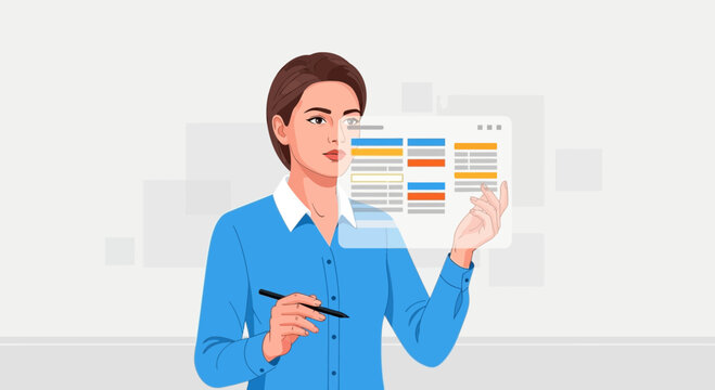 Businesswoman interacting with digital spreadsheet on transparent screen