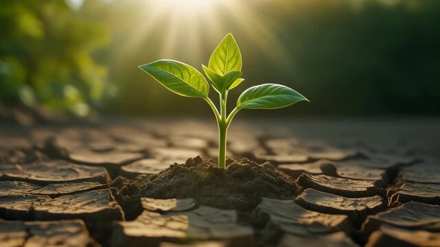 Young green plant sprouting from dry, cracked soil with sunlight