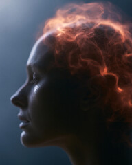Fototapeta premium Soft light glows behind glowing hair. Face is calm, eyes gently closed. Hair pulses with warm, fiery energy. Silhouette stands against deep blue. Dreams, thought, or inner fire
