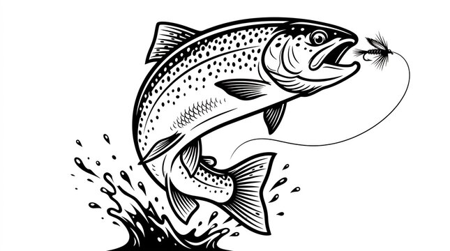 Rainbow trout jumping out of water biting a fly lure