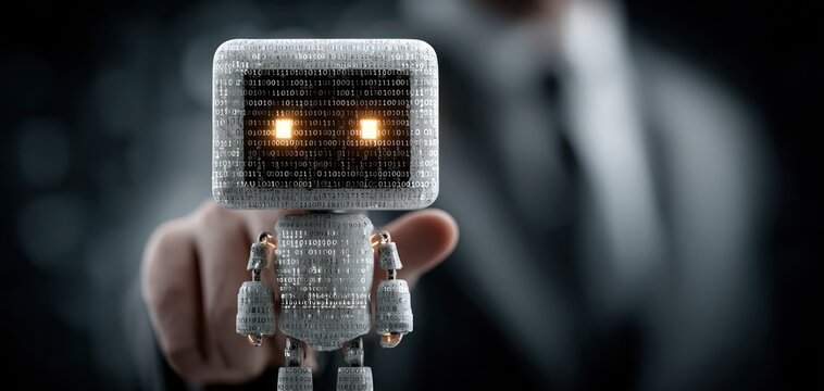 Tiny binary robot held by human finger futuristic technology innovation concept