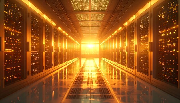 Futuristic server room with glowing lights.