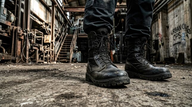 A man stands in a dilapidated industrial space, wearing tactical boots and dark clothing. The image focuses on his legs and boots, highlighting their rugged appearance against the decaying backdrop.
