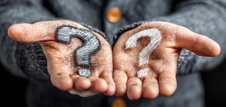 Person holding question marks drawn on their hands symbolizing uncertainty and inquiry