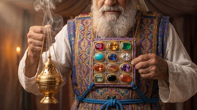 Biblical Jewish High Priest wearing the Hoshen breastplate with twelve stones and holding a golden censer with incense smoke