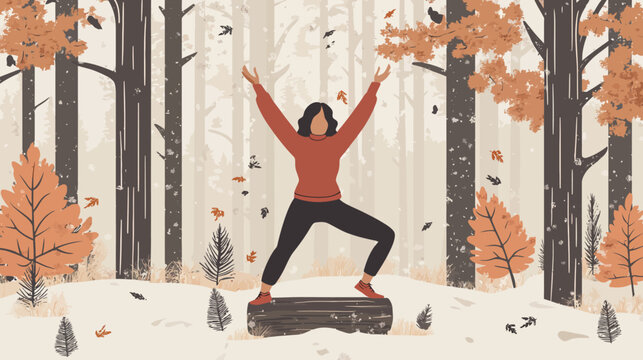 Woman practicing yoga outdoors in autumn forest on log