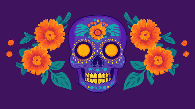 Colorful sugar skull with floral accents on dark purple background