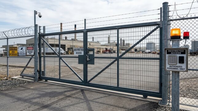 A gray, metal gate with a chain-link fence and security cameras controls access to an industrial facility. The gate is open, revealing a large building complex with trucks and machinery.