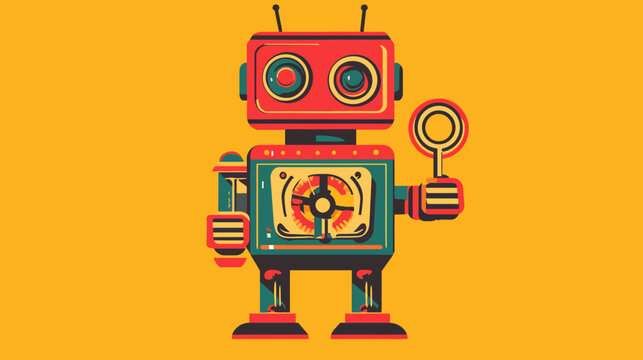 Colorful, vintage-style cartoon robot with antenna and monitor face