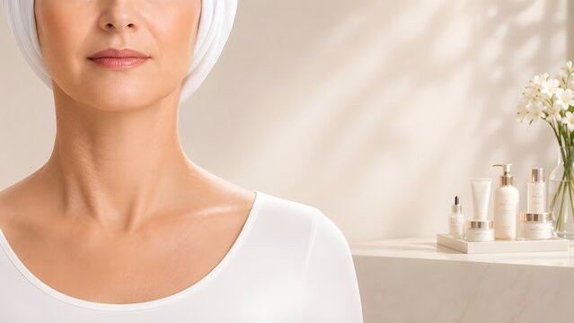 High-end beauty and skincare concept featuring a mature woman with healthy, smooth neck skin in a luxury aesthetic clinic environment. Comparison, before and after.
