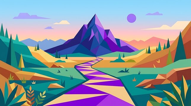 Geometric mountain landscape with a winding path at sunrise