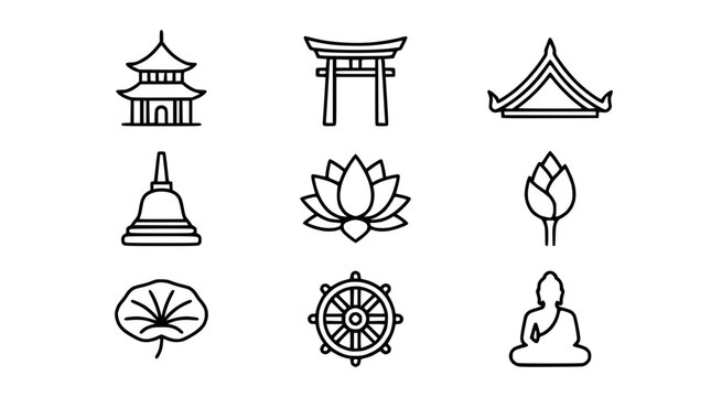 Collection of Buddhist Symbols and Icons - Pagoda, Torii Gate, Stupa, Lotus, Dharma Wheel