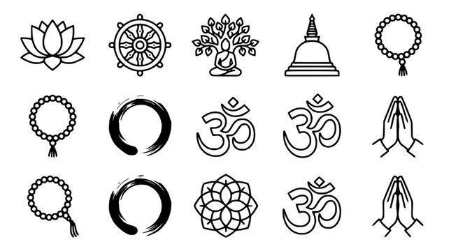 Buddhism and Hinduism Symbols Collection: Lotus, Dharma Wheel, Buddha, Stupa, Om, Zen