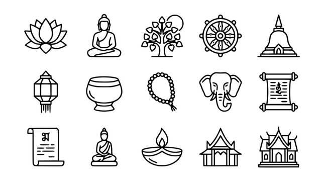 Buddhist Iconography Symbols Collection: Lotus, Buddha, Dharma Wheel, Stupa, Elephant, Temple