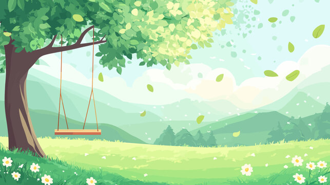 Peaceful landscape with large leafy tree and empty swing