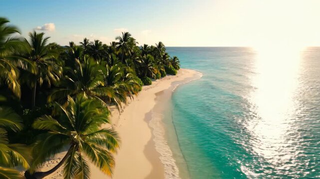 Spectacular 4K cinematic aerial zoom over a pristine tropical island paradise, bathed in the golden hour glow. It conveys profound serenity and luxury, perfect for high-end travel