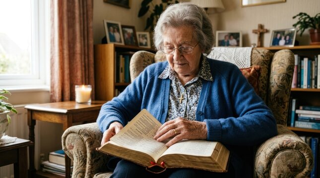 An elderly woman sits in a comfortable armchair, engrossed in reading a large, open book. She wears a blue cardigan and has gray hair pulled back into a bun.