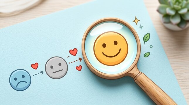 A magnifying glass focuses on a smiling yellow face, transitioning from a sad face to a neutral face.