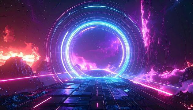 Neon lit portal in futuristic landscape.