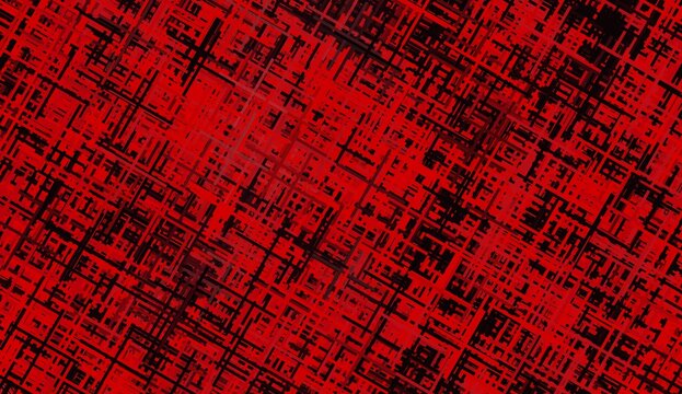 Abstract red and black grunge grid background with intersecting lines and layered geometric texture. Chaotic digital pattern featuring bold contrast and industrial modern style.