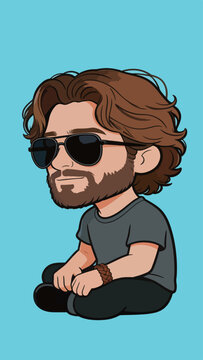 Chibi style cartoon male character with sunglasses sitting pose