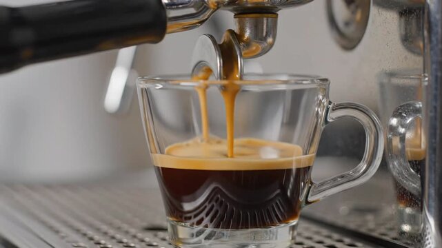 An espresso machine expertly brews a stream of rich, dark coffee, filling a clear glass cup with a luxurious golden crema, a perfect preparation of an invigorating beverage