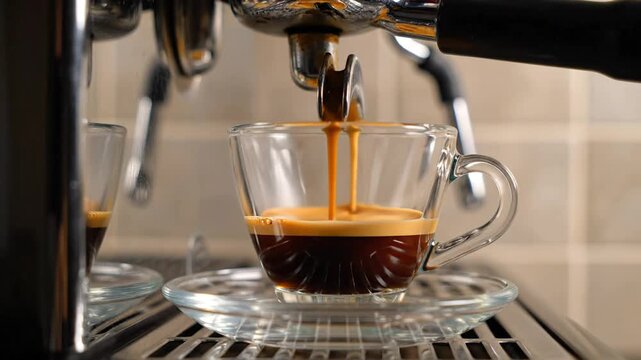 Espresso pouring into a clear glass cup with crema from a coffee machine
