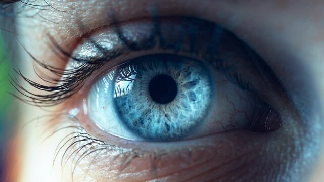 Blue eye macro closeup human eye detail iris texture and pattern vivid color abstract background with sharp eyelashes soft skin pore capture intense
