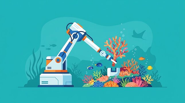 Robotic arm planting coral in a vibrant underwater reef ecosystem