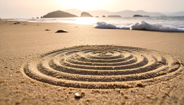 A serene beach scene with a spiral design in the sand