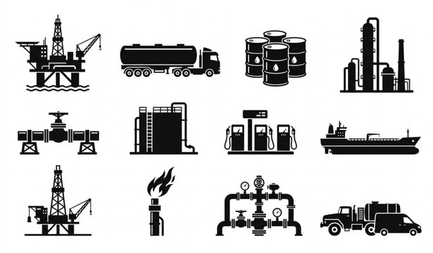 Oil and gas industry icons offshore platforms refineries and transportation