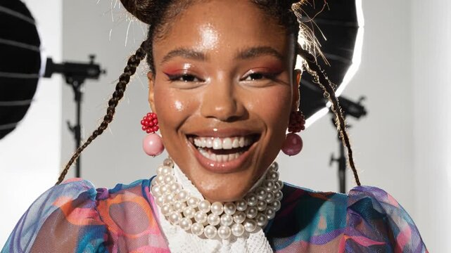 Colorful portrait woman in studio light with happy smile and glitter makeup, braided hair, pearl necklace, bold fashion style and joyful beauty energy