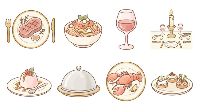 Collection of delicious food and drinks, including steak, pasta, wine, and desserts, perfect for a restaurant menu or culinary illustration.
