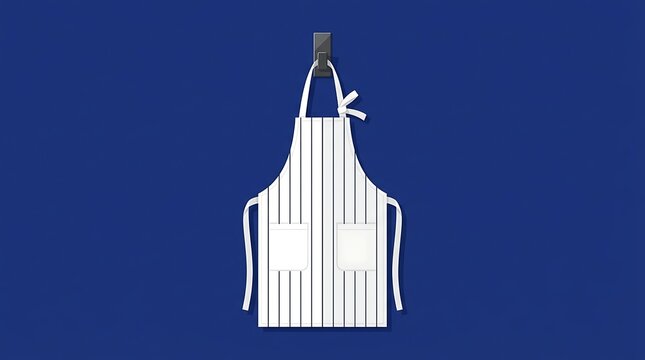 White pinstriped chef apron hanging on hook over blue background