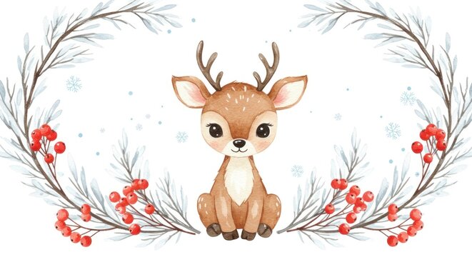 A cute deer sits surrounded by a festive holly wreath with red berries.