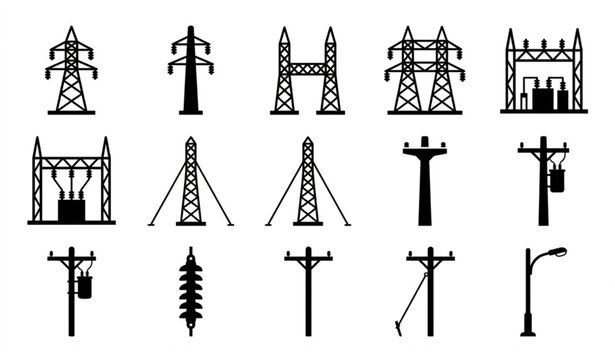 Power transmission infrastructure icons diverse high voltage pylon silhouettes