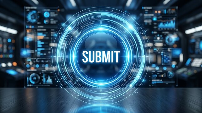 Futuristic digital interface with a glowing submit button in a high-tech control room background