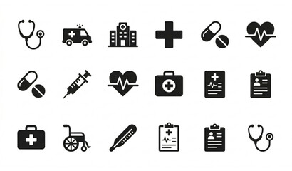 Medical icons set healthcare symbols hospital equipment and first aid graphics © Ms