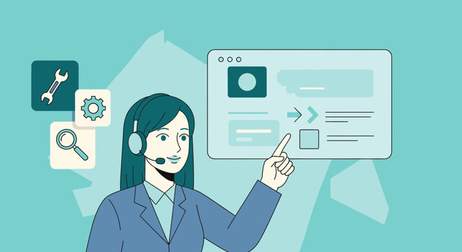 Customer service agent pointing at screen, providing tech support and guidance