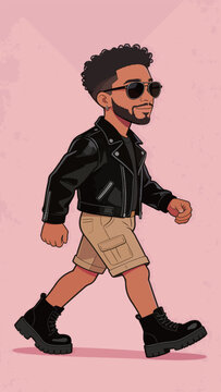 Stylized Chibi Male Character Walking on Pink Background