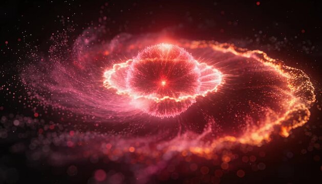 Glowing particle sphere red energy wave abstract light explosion cosmic swirl futuristic background bright halo ring sci fi nebula digital art dynamic motion space fantasy vibrant fire motion dynamic