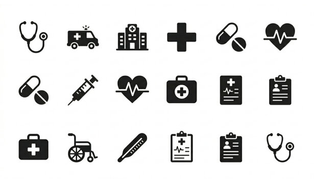 Medical icons set healthcare symbols hospital equipment and first aid graphics