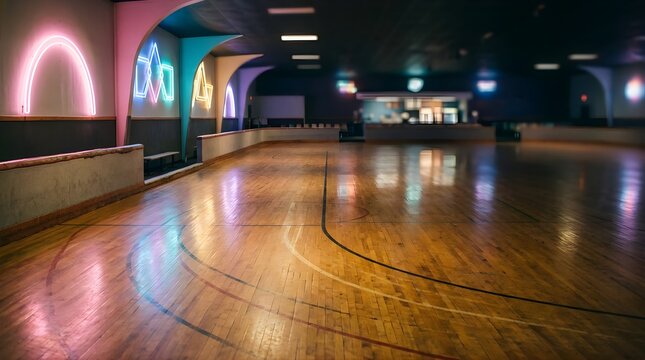 Empty indoor roller skating rink with vibrant neon lights and wooden floor