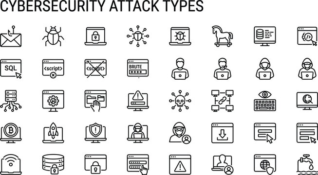 Cybersecurity attack types icons set featuring malware phishing ransomware hacking and network security threat elements for digital systems